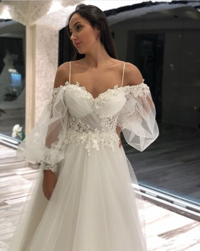 Off-the-Shoulder A-Line Wedding Gown with Lace Appliques Tulle Long Sleeves