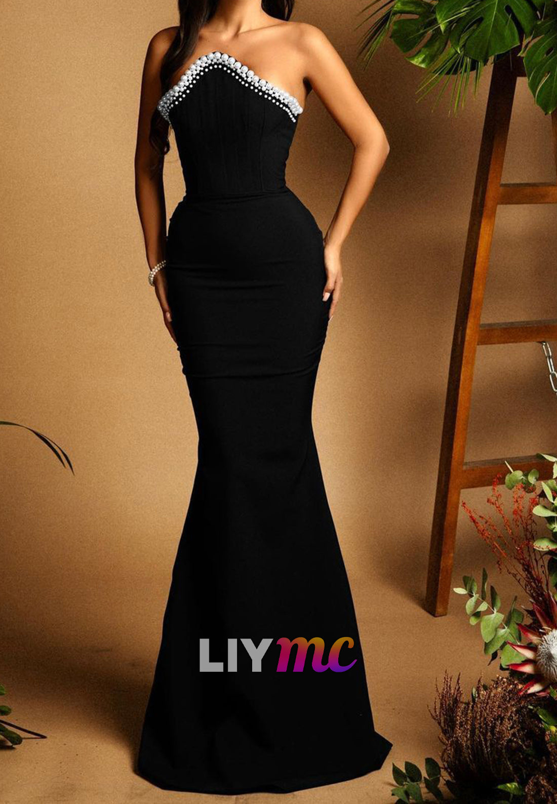 Asymmetrical Sleeveless Pearl Beaded Mermaid Prom Dress