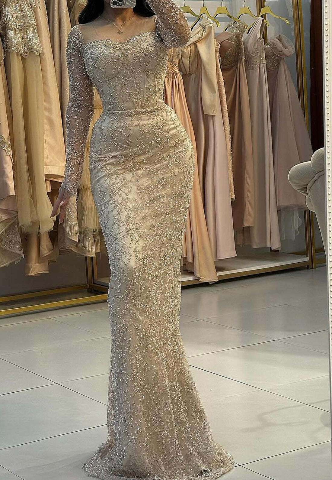 Sweetheart Long Sleeves Appliques Evening Dress Beaded Mermaid Prom Dress