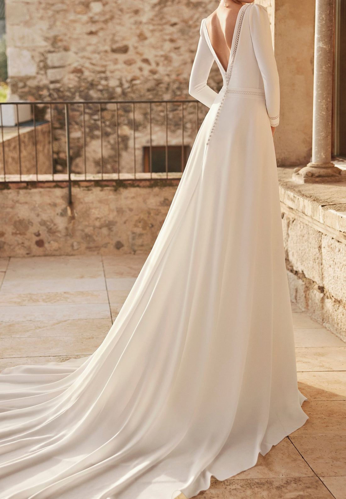 LW876 - Scoop Long Sleeves Sleek Satin Mermaid Long Beach Wedding Dress