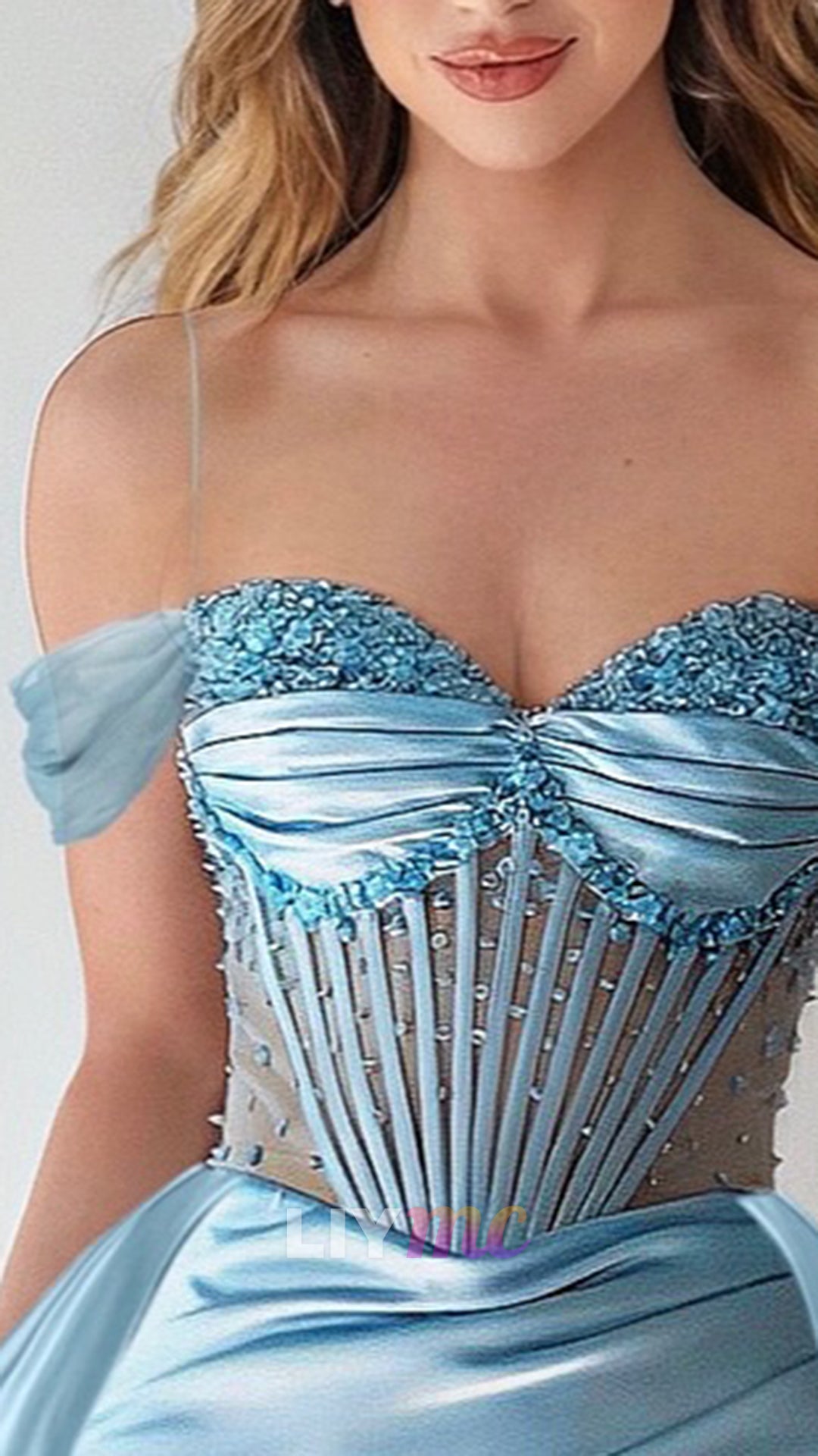 Off-Shoulder Corset Beaded Satin Sheath Prom Dress