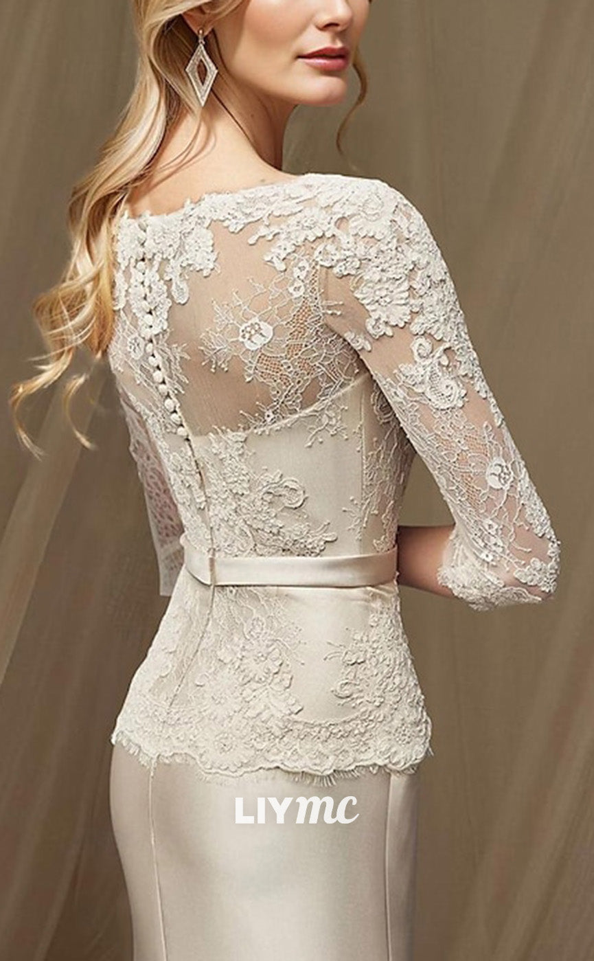 M1088 - rumpet Mother of the Bride Dress Fo Neck Asymmetrical Tea Length Lace Taffeta 34 Length Sleeve