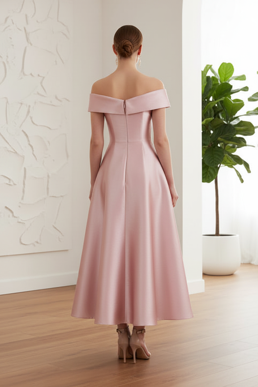 Off-Shoulder Bow Pink A-Line Mother of Bride Dress