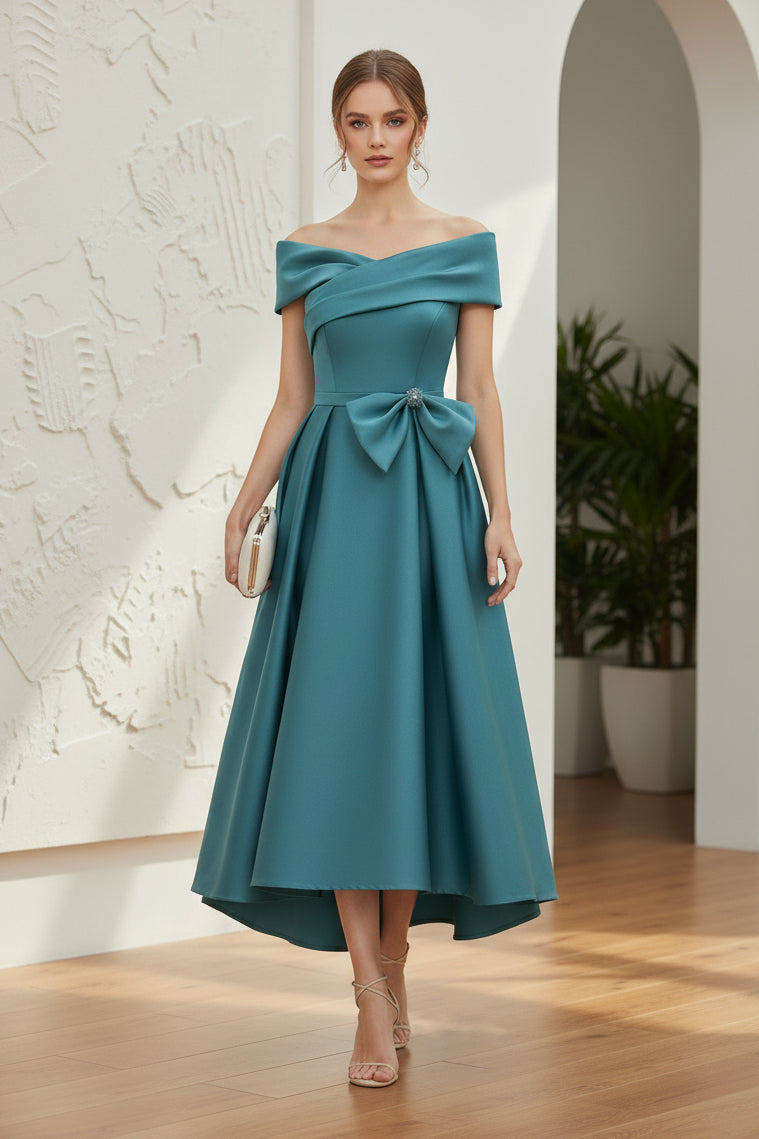 Off-Shoulder Satin Bow A-Line Mother of Bride Dress