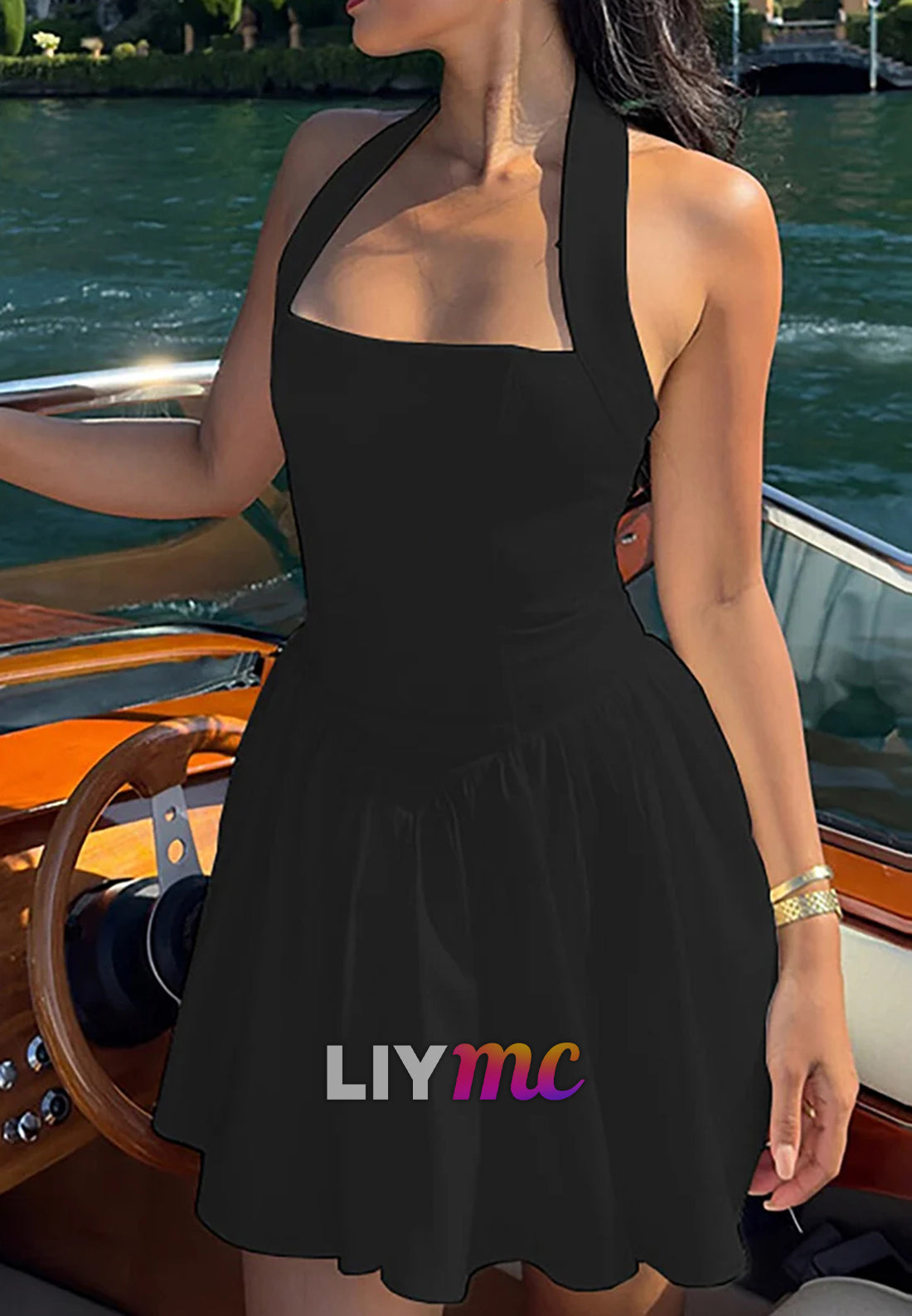 Solid Color Cinch Waist Halterneck Mini Dresses