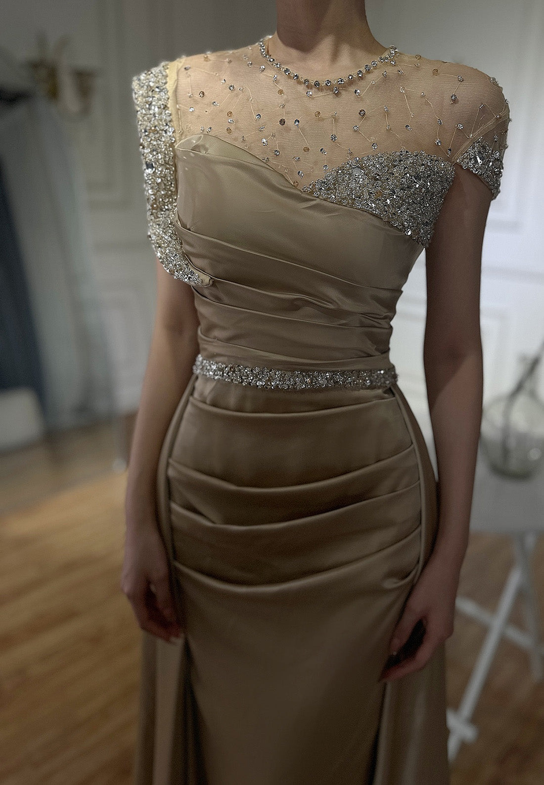 Scoop Short Sleeves Beading Pleated Sheath Evening Dress