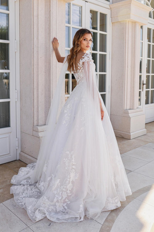 Simple Lace A-Line Wedding Dresses Sweetheart Tulle Appliques Bridal Dress with Cape