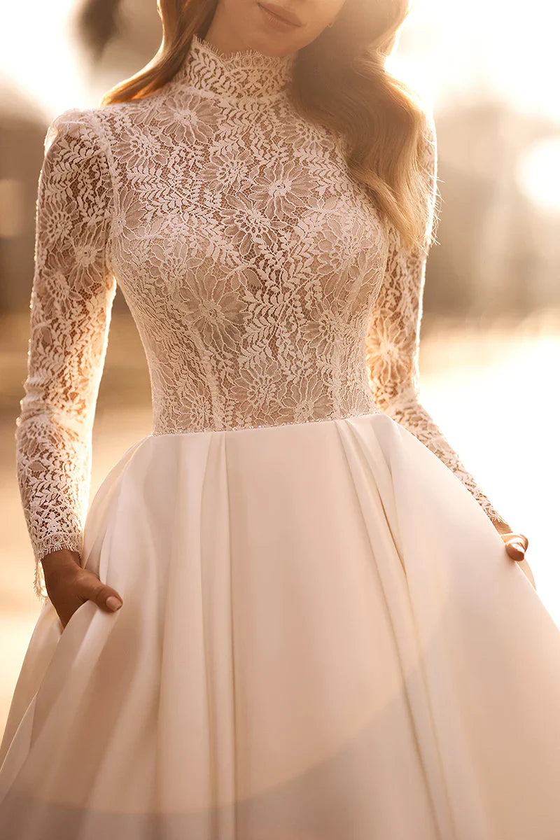 A Line High Neck Lace Long Sleeve Country Style Pocket Wedding Dress