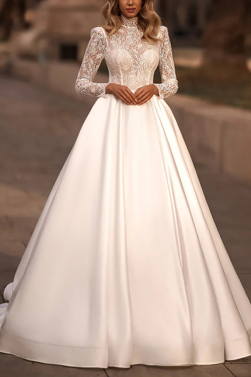 A Line High Neck Lace Long Sleeve Country Style Pocket Wedding Dress