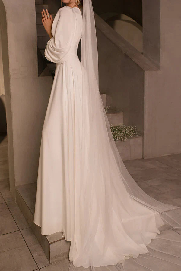 A-neck V-neck long sleeved satin minimalist drag on wedding dress