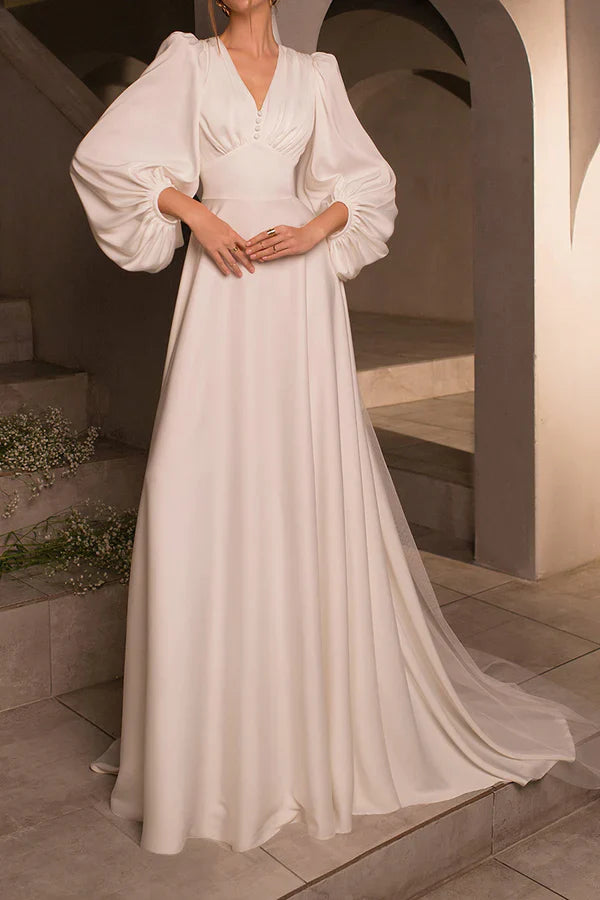 A-neck V-neck long sleeved satin minimalist drag on wedding dress