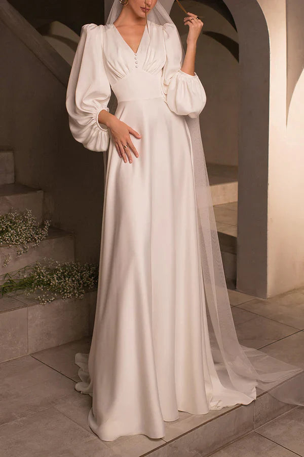 A-neck V-neck long sleeved satin minimalist drag on wedding dress