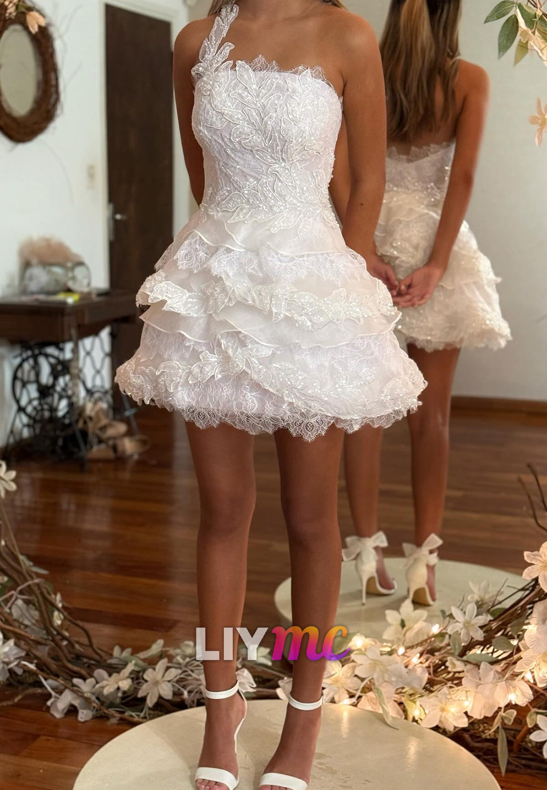 Asymmetrical Appliques Tiered A-Line Short Wedding Dress