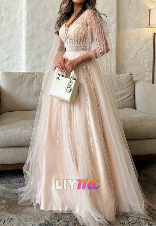 V-Neck Long Sleeves Beaded Embroidery A-Line Evening Dress