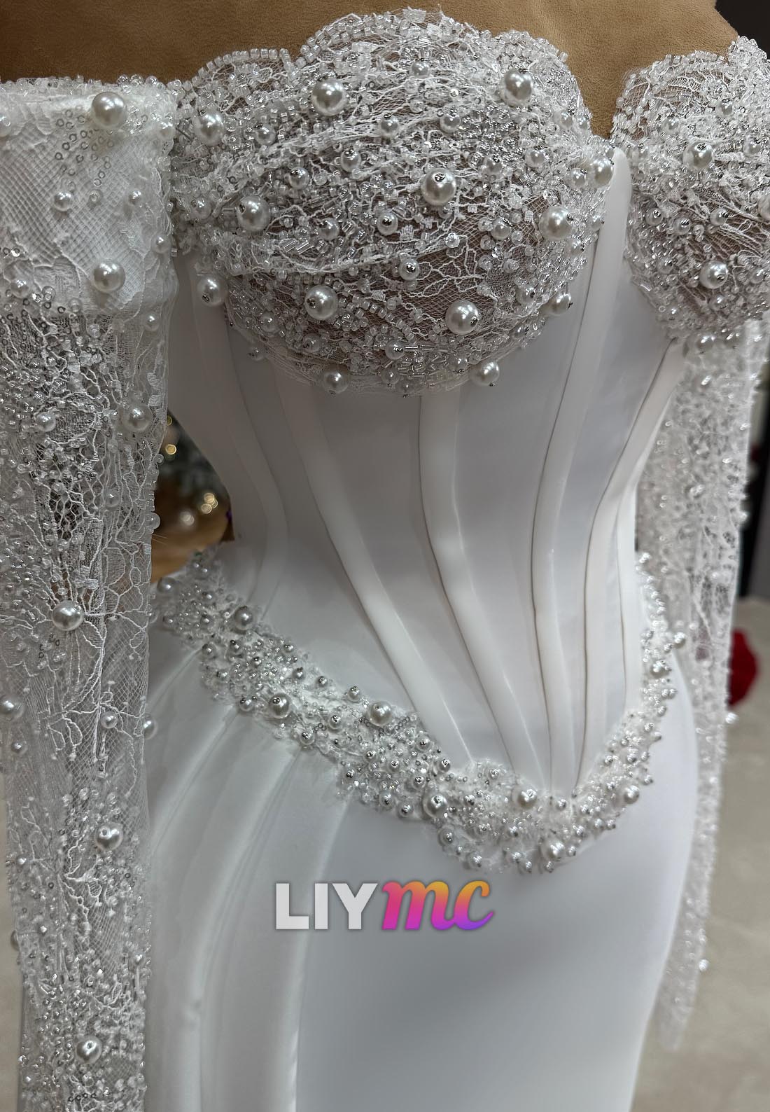 Sweetheart Long Sleeves Pearl Mermaid Wedding Dress