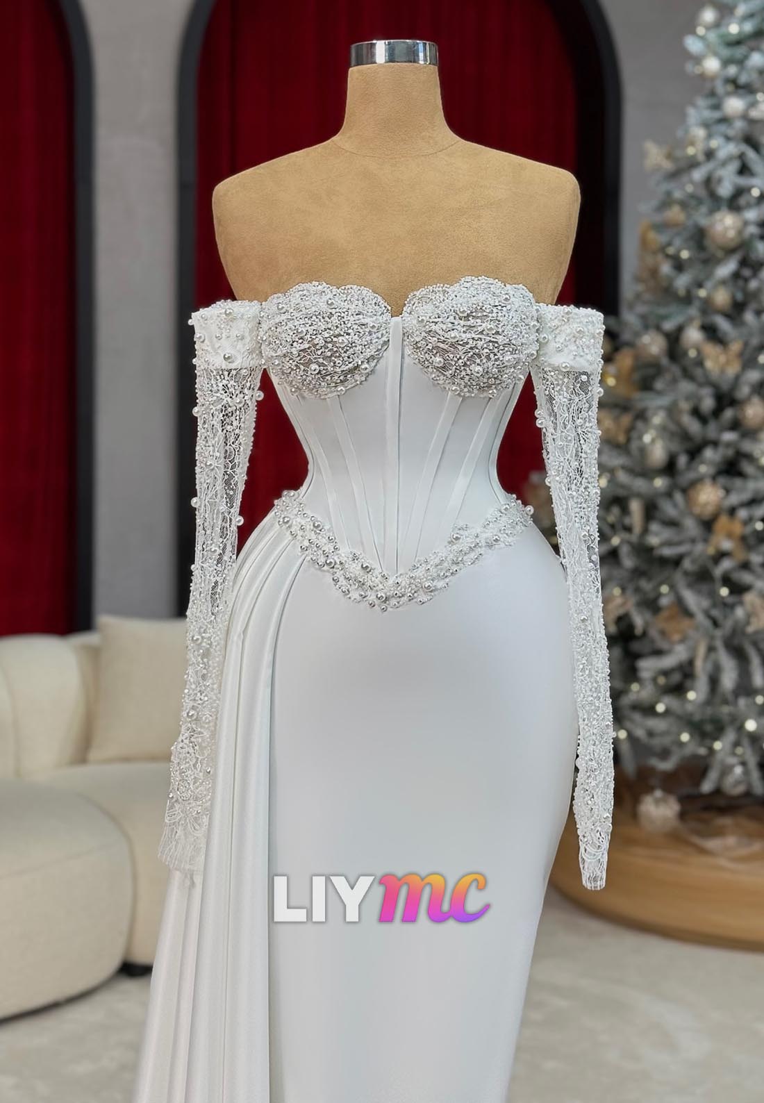 Sweetheart Long Sleeves Pearl Mermaid Wedding Dress