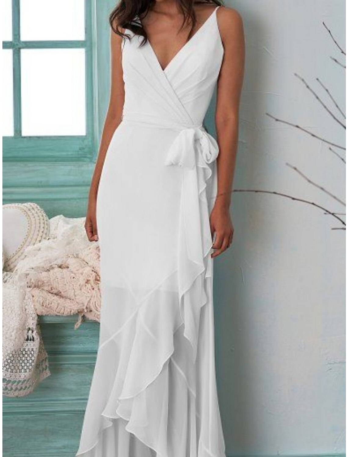Little White Dresses Wedding Dresses A-Line V Neck Sleeveless Sweep / Brush Train Chiffon Bridal Gowns With Bow(s) Pleats
