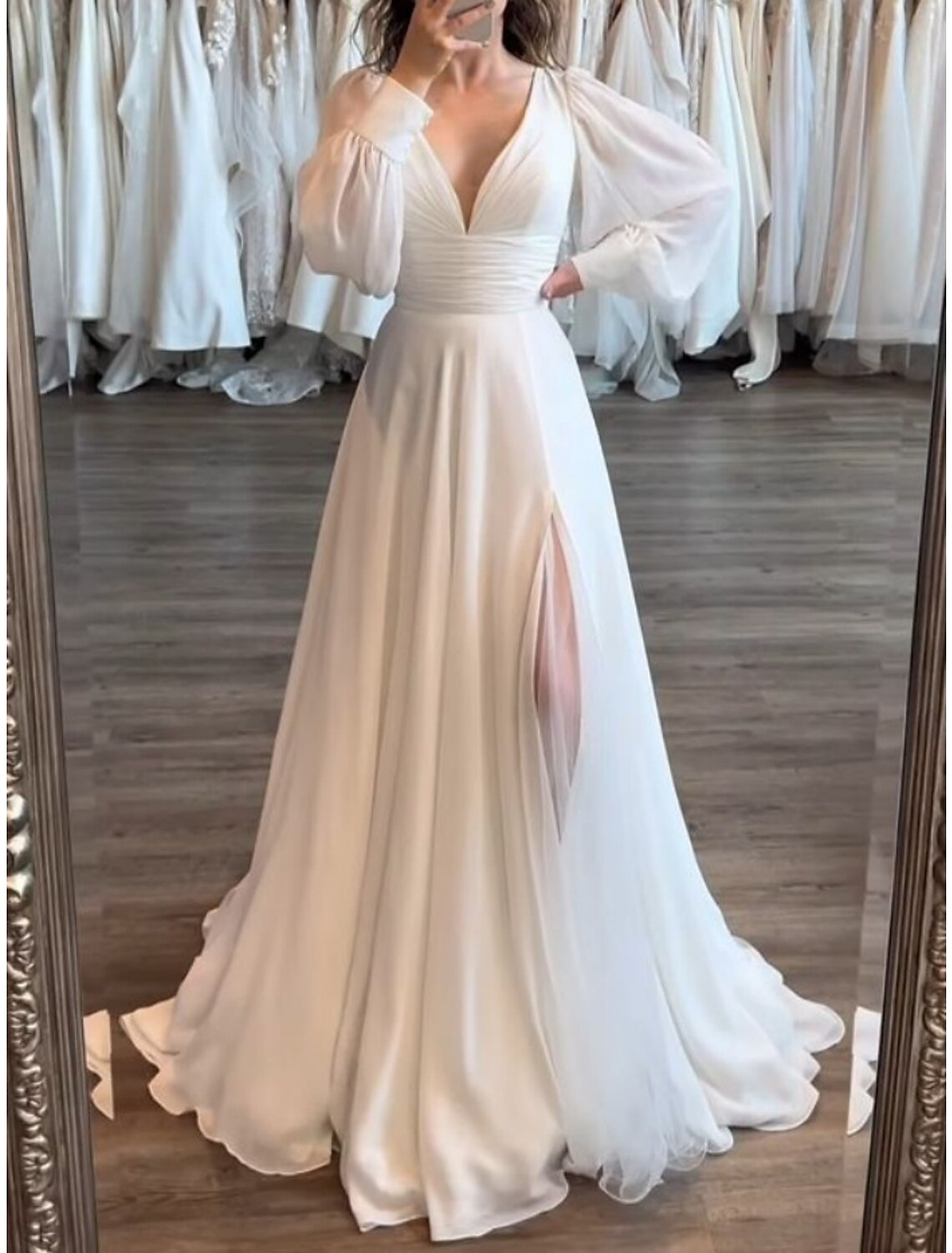 Mature Wedding Dresses A-Line V Neck Long Sleeve Sweep / Brush Train Chiffon Bridal Gowns With Pleats Ruched