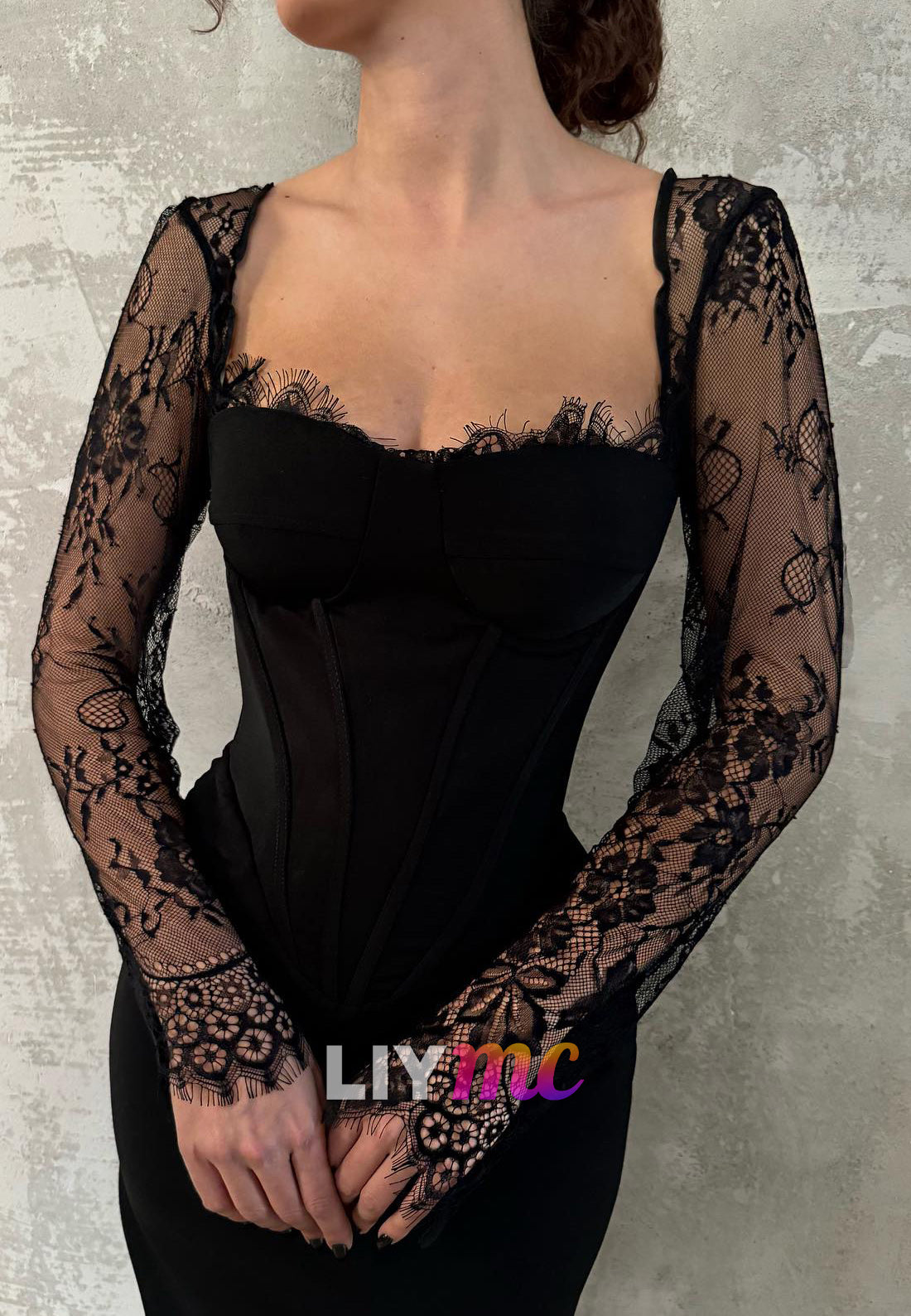 Square Long Sleeves Lace Appliques Bodycon Mermaid Formal Dress