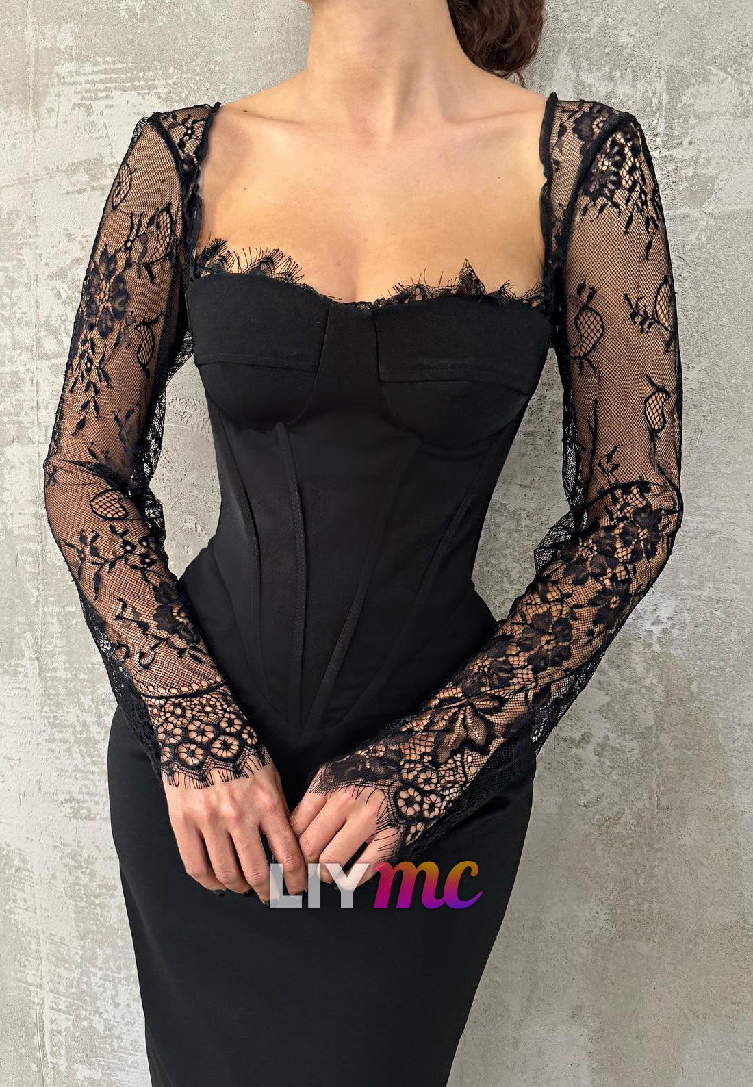 Square Long Sleeves Lace Appliques Bodycon Mermaid Formal Dress