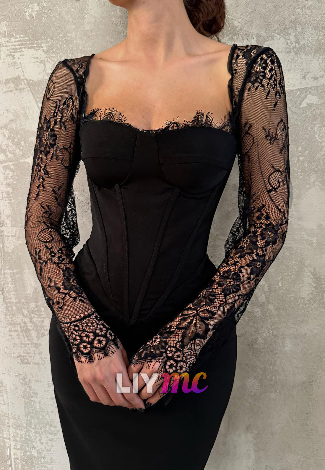 Square Long Sleeves Lace Appliques Bodycon Mermaid Formal Dress