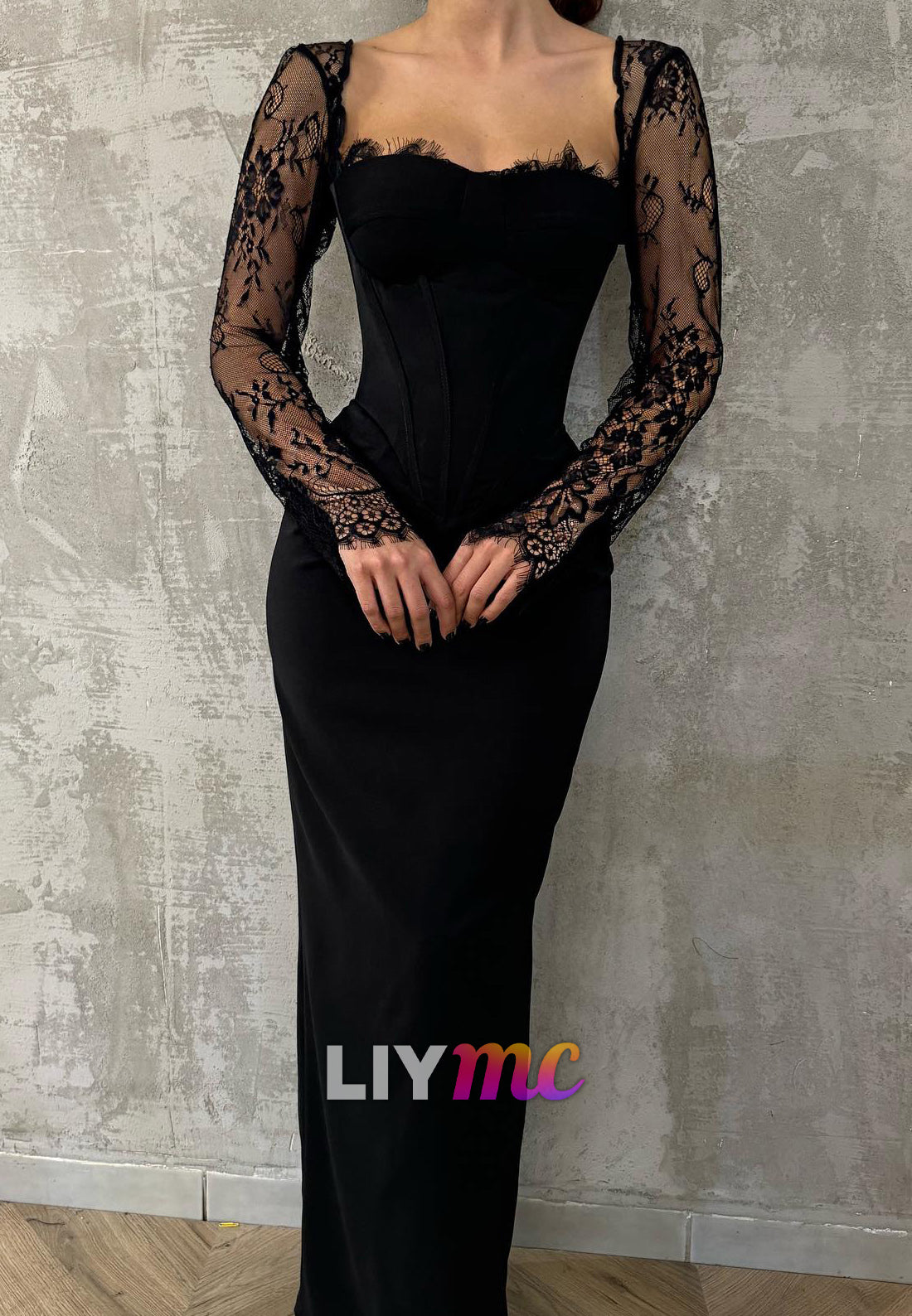 Square Long Sleeves Lace Appliques Bodycon Mermaid Formal Dress