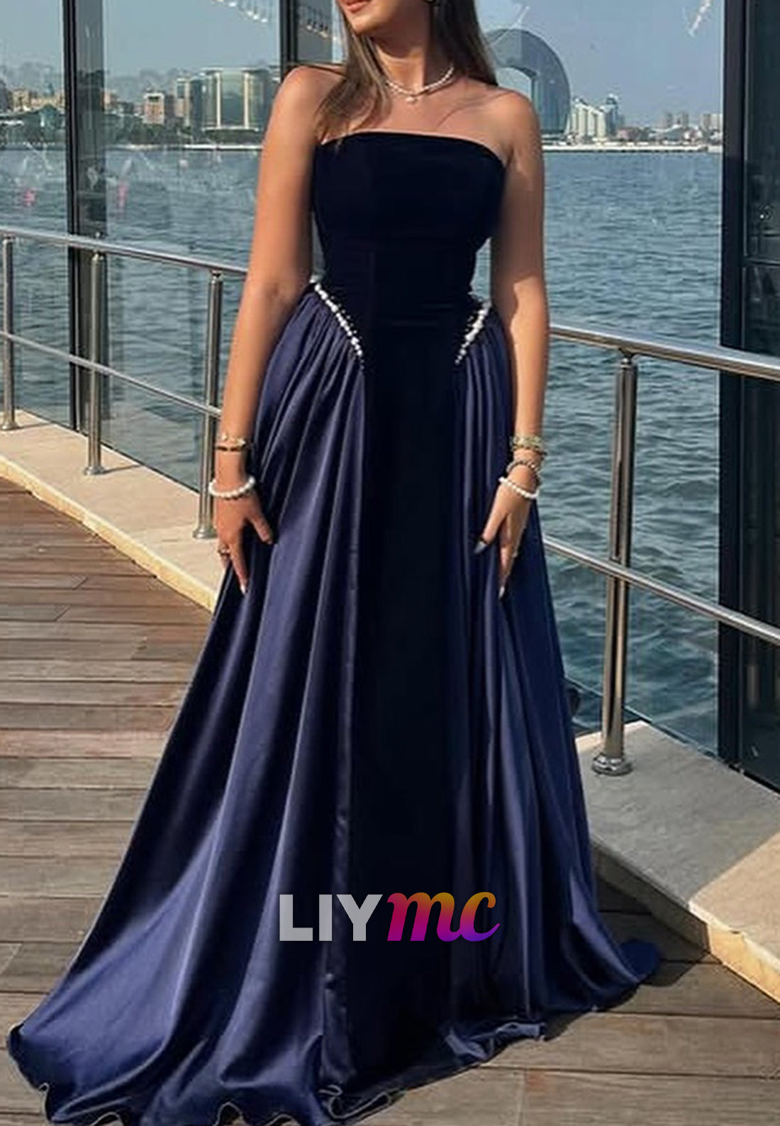 Straight Across Sleeveless Pearl A-Line Evening Dress