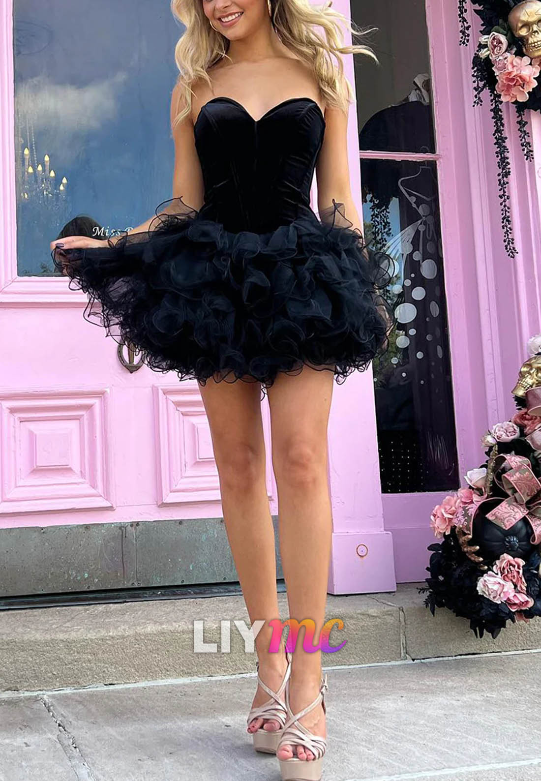 A-Line Black Strapless Velvet Short Corset Homecoming Dress with Ruffles