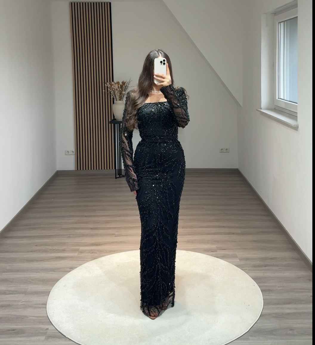 Square Long Sleeves Beaded Embroidery Sheath Evening Dress