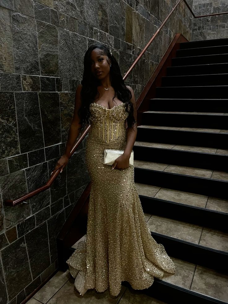 Gold Sequin Mermaid Long Prom Gown Evening Dress