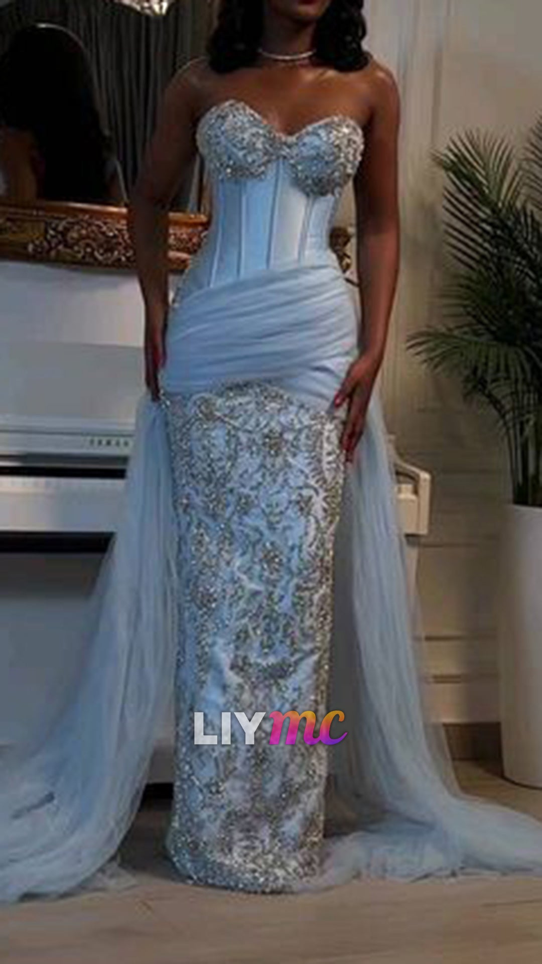 Blue Memraid Strapless Evening Dress Long Formal Gown