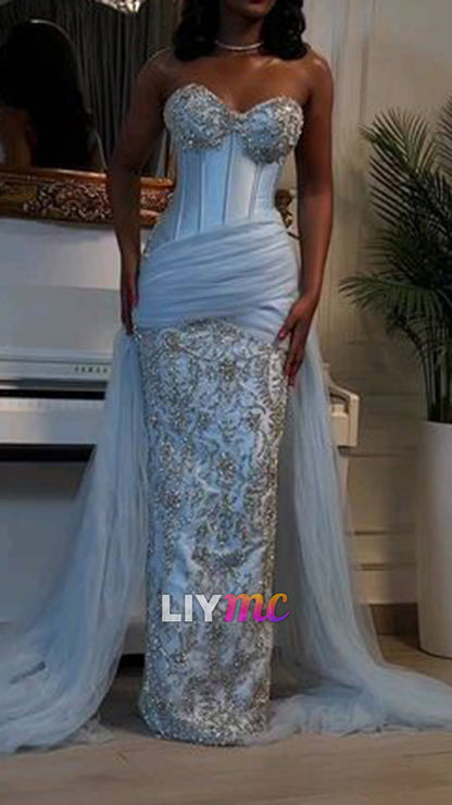 Blue Memraid Strapless Evening Dress Long Formal Gown