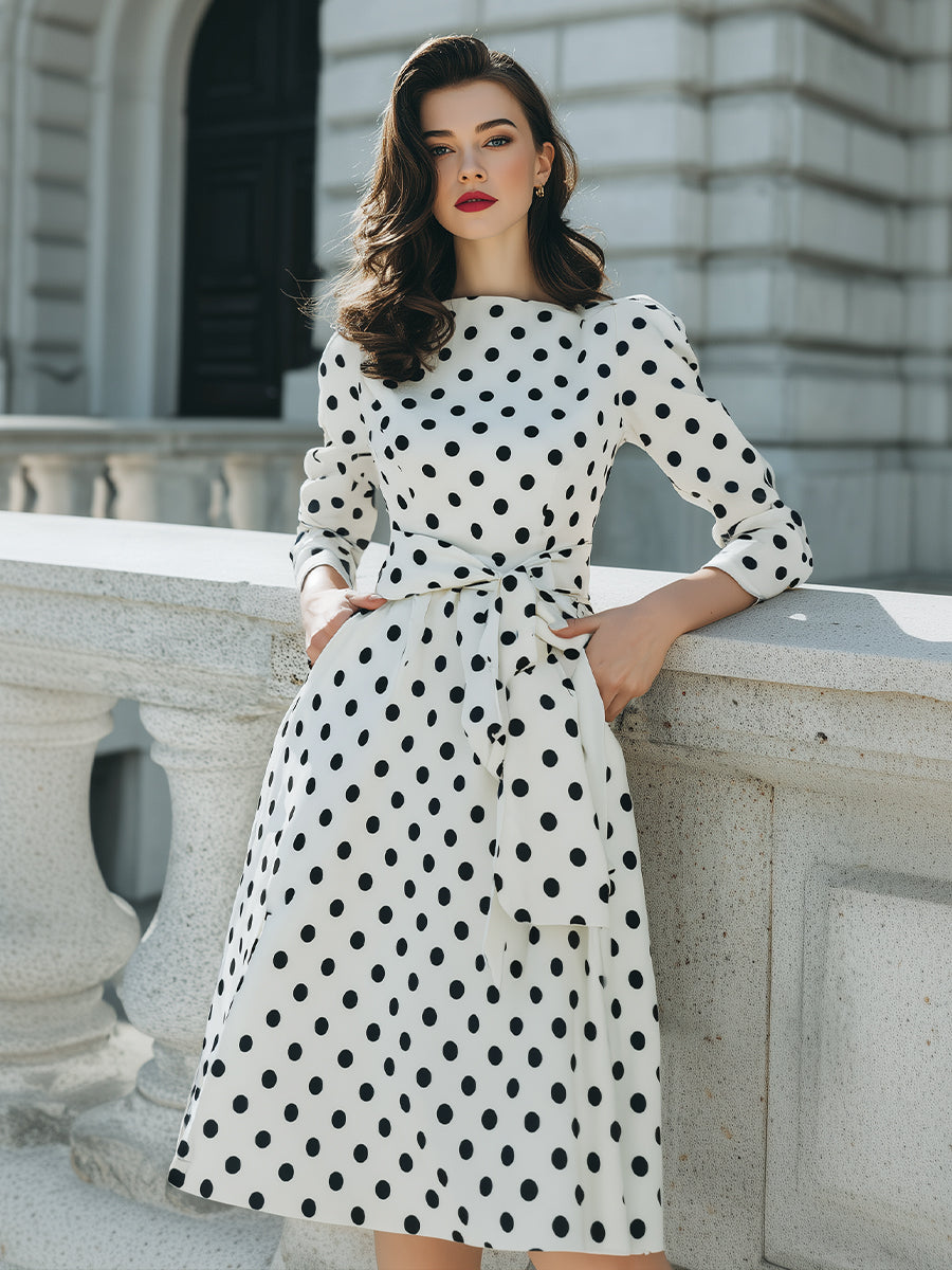 White Polka Dot Midi Dress With Bow Waist Detail