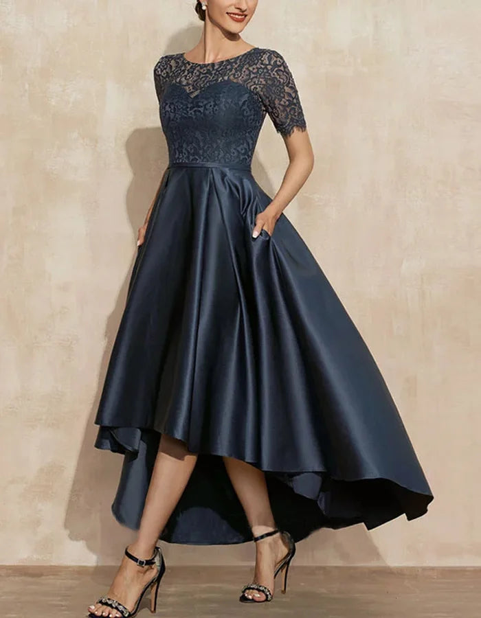 Lace Solid Color Round Neck Short Sleeves Midi Dress