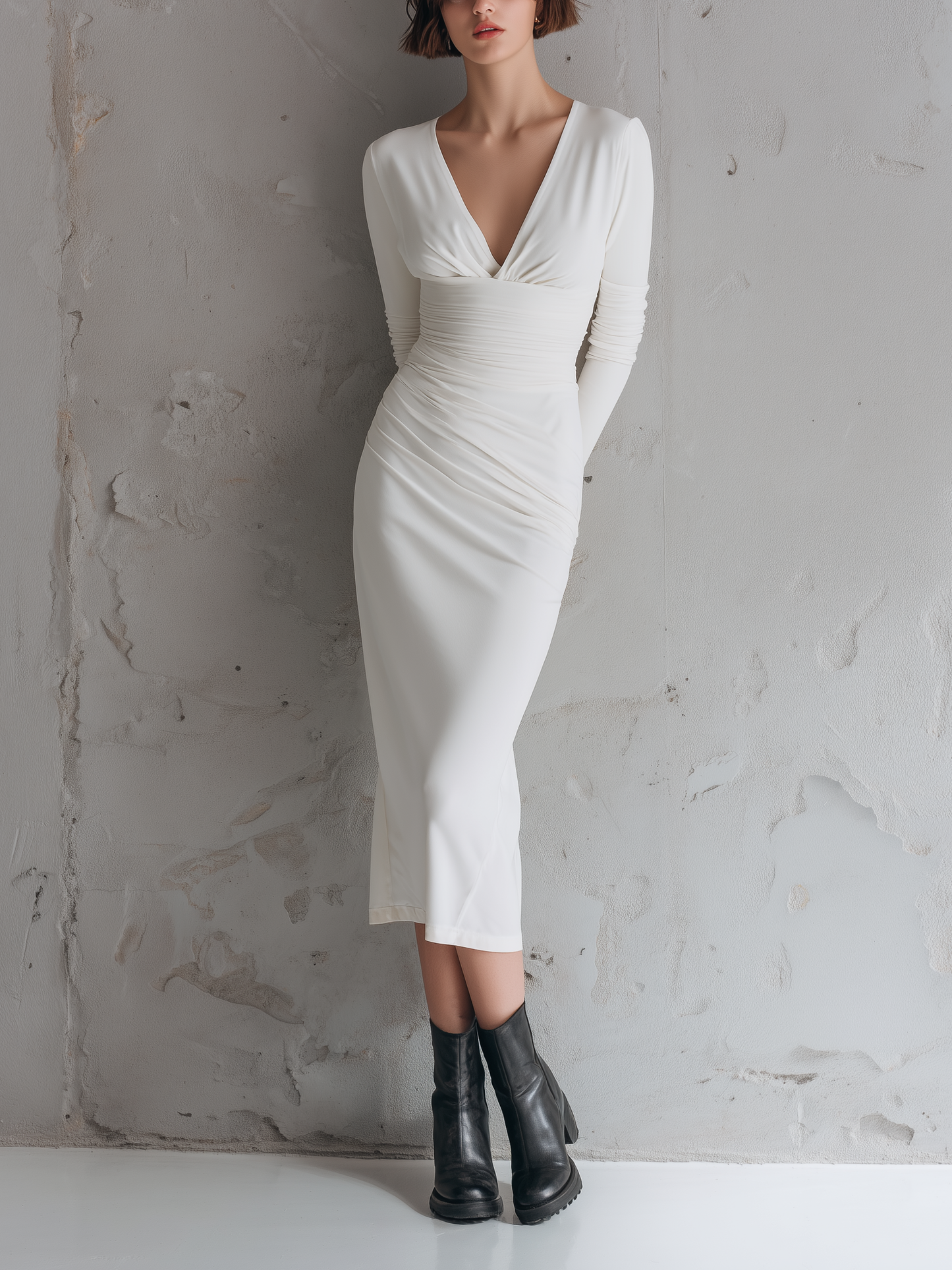 Women's Elegant White V-neck Knitted Stretch Slim-fit Long-sleeved Midi Dress