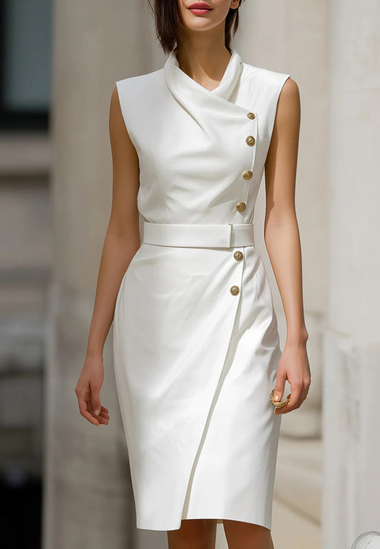 High Neck Sleeveless Sheath Belt Knee-Length Work Dress