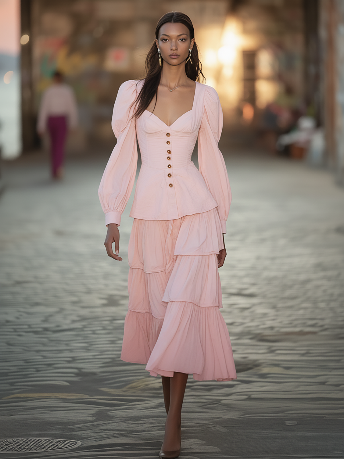 Pink Matching Set Fitted Peplum Top And Ruffled Tiered Skirt