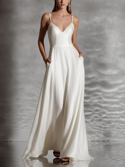 Women's Elegant Satin Ivory Spaghetti-Strap Deep V-Neck Pocketed Maxi Dress