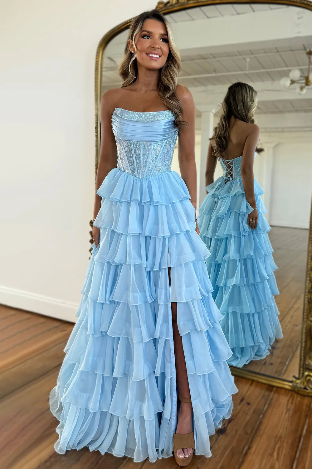Gorgeous A Line Strapless Daffodial Tiered Chiffon Prom Evening Dresses with Hot Stone
