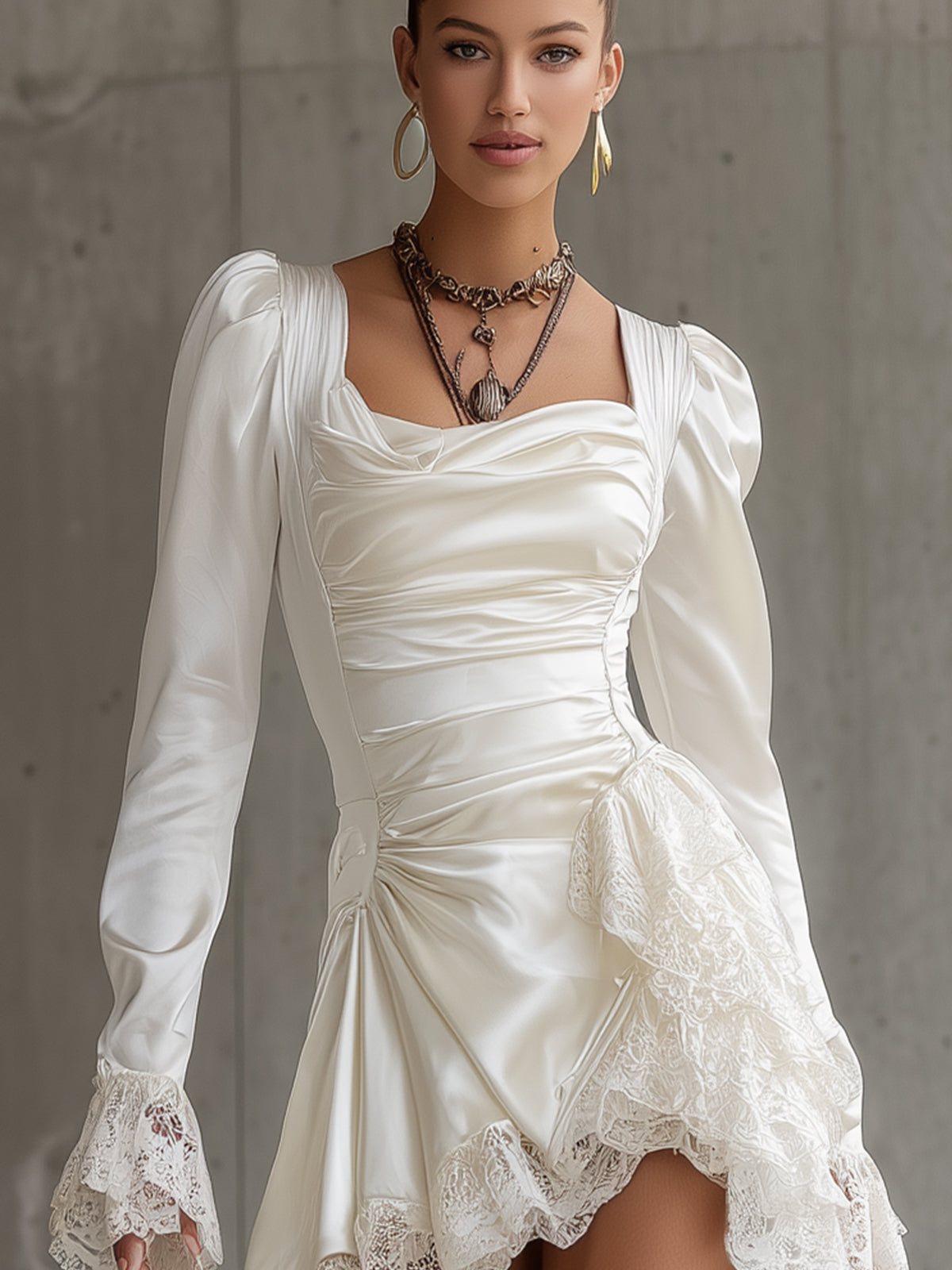 White Satin Puff Sleeve Lace Trim Asymmetric Mini Dress