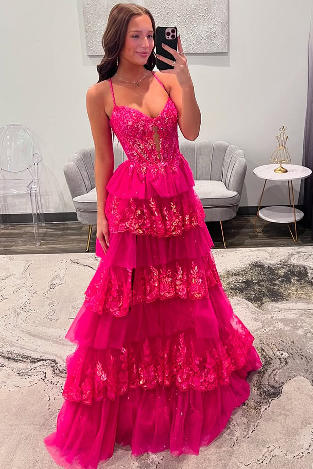 Cute A Line V Neck Hot Pink Tulle Prom Dress with Sparkly Appliques
