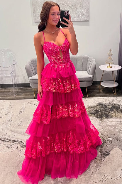 Cute A Line V Neck Hot Pink Tulle Prom Dress with Sparkly Appliques