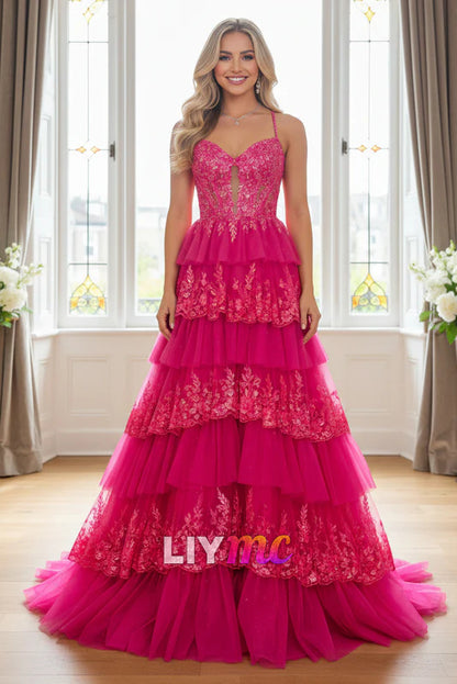 Cute A Line V Neck Hot Pink Tulle Prom Dress with Sparkly Appliques