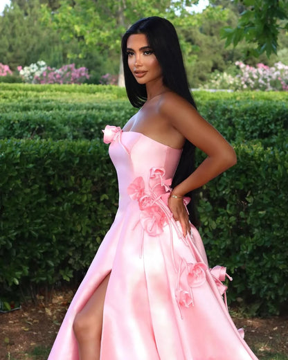 Elegant Straight Across Pink Split Sleeveless Handmade Flower Prom Dress YK0162