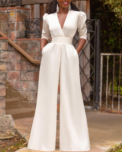 Fashion Solid Color V-neck Jumpsuit