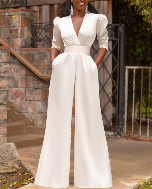 Fashion Solid Color V-neck Jumpsuit