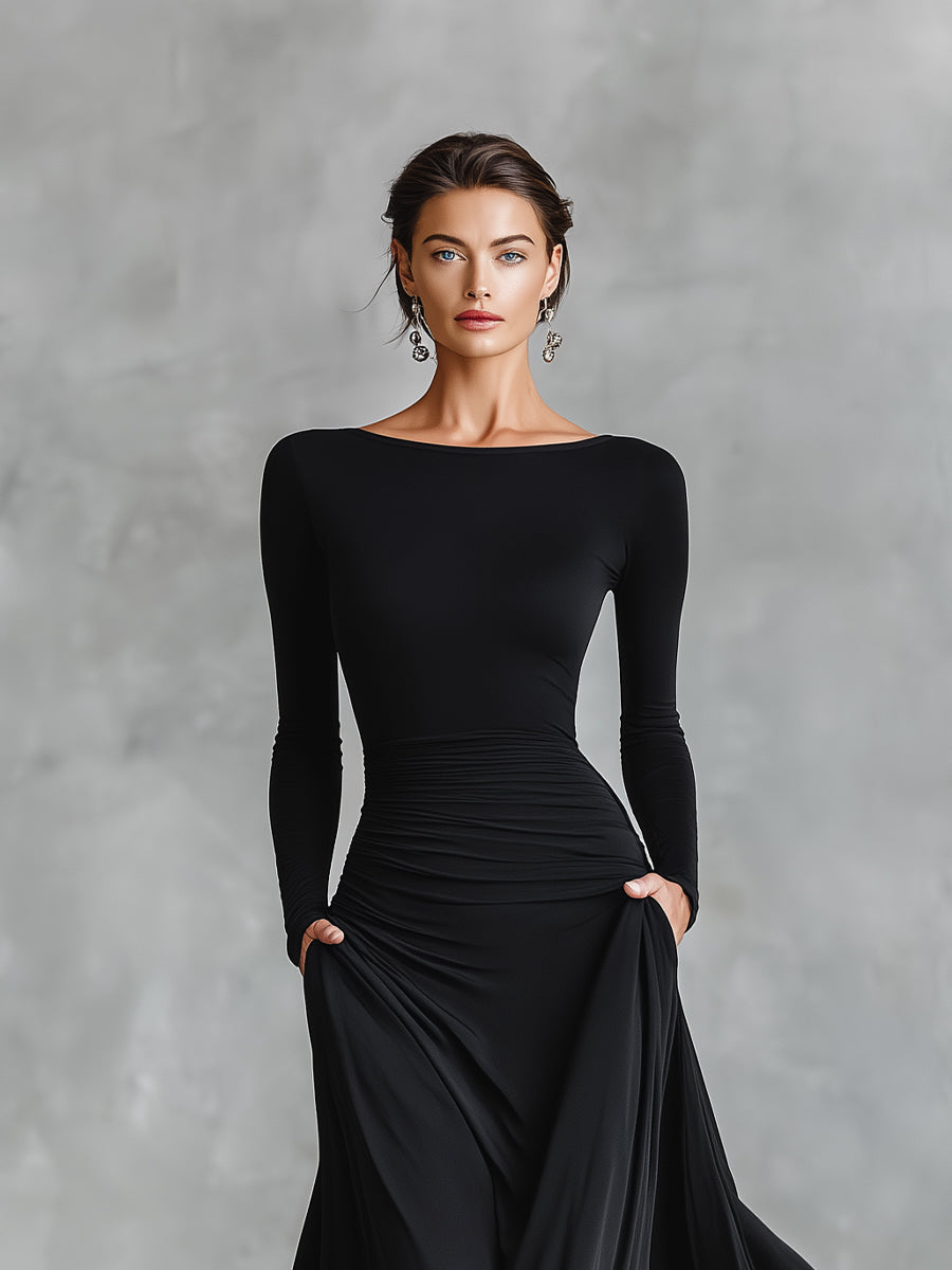 Women's Black Modern Crepe Ruched Boat - Neck Maxi Dress