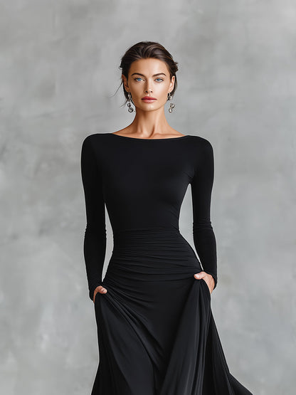 Women's Black Modern Crepe Ruched Boat - Neck Maxi Dress