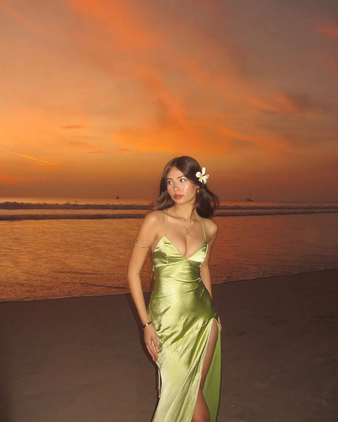 Green Split V-Neck Lace-up Summer Prom Dress ZT0712