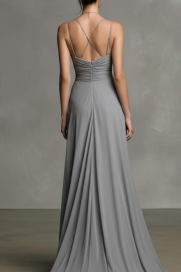 Women's Fashionable Grey Slim-fit Ruched Chiffon Spaghetti Strap Maxi Dress